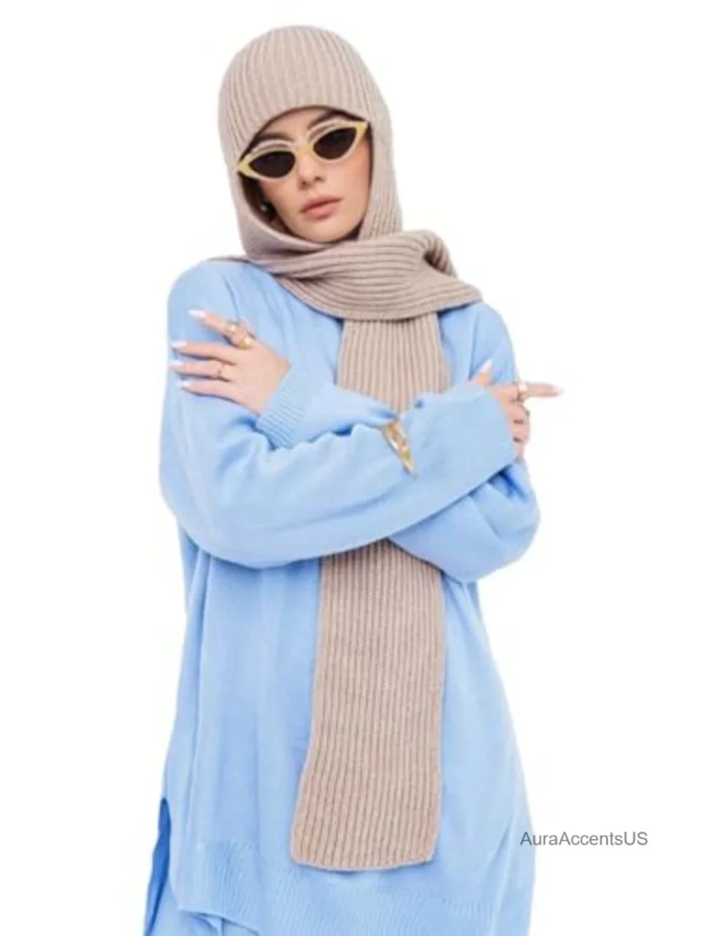 Fuzzy Knit Balaclava 2 in 1 Hooded Scarf Winter Beanie Hat for Women